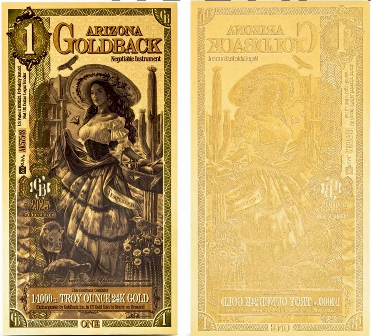 4x Arizona GOLDBACK Gold Note LOT x4 – 2025 – 1/1000th Of A Troy Ounce * EX