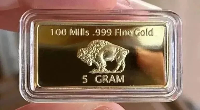 AMERICAN BUFFALO INGOT 5 GRAMS 100 MILLS GOLD PLATED FINE GOLD 999/1000
