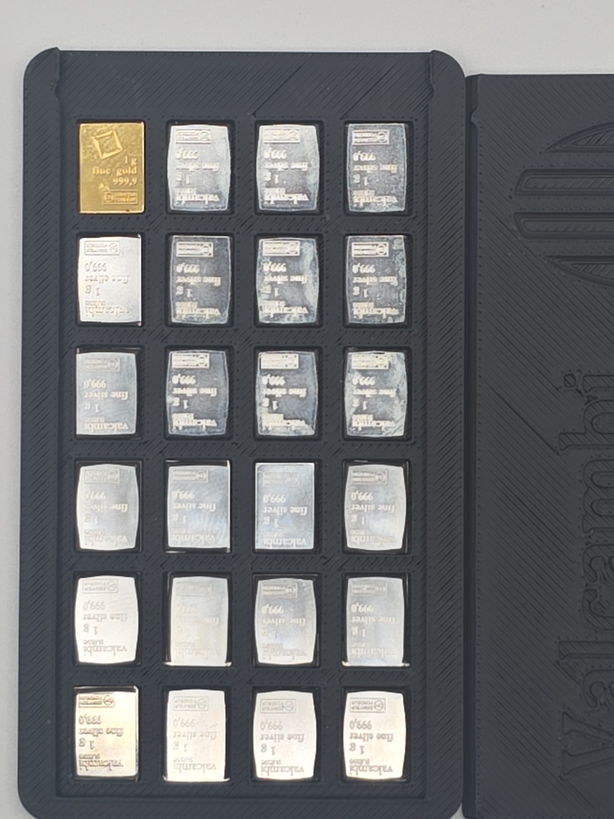 Valcambi Gold 1 Gram & 23x 1 g Silver Filled Black wallet 0.9999 Fine 24g Total