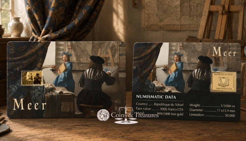 Vermeer The Art of Painting 1/1000 Oz 24k Gold Coin 999 card Chad 2024