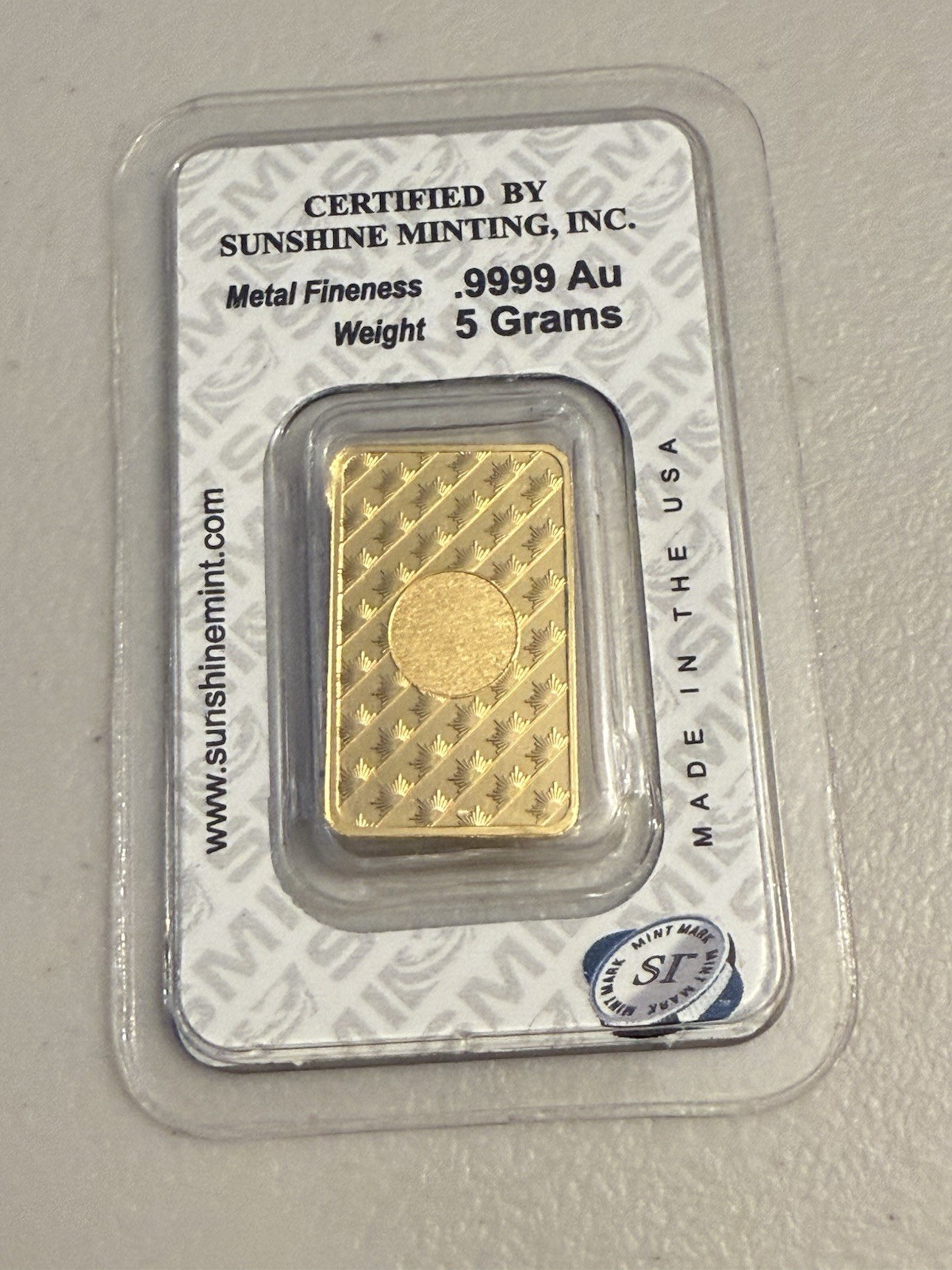 5-g Sunshine Mint .9999 Fine Gold Bar In Assay