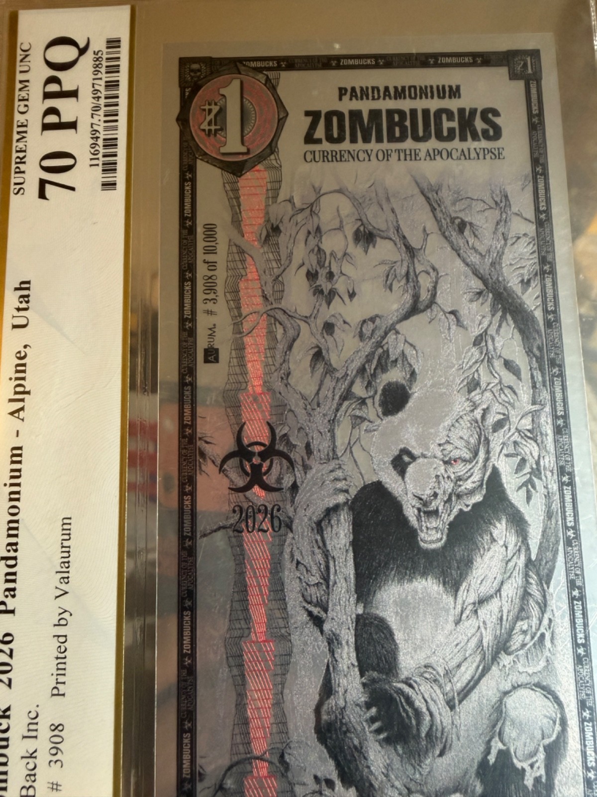 PCGS ZomBucks 70 GEM UNC .999 PURE SilverBack 1/1000 Troy oz. 1st ed. PANDA 2026