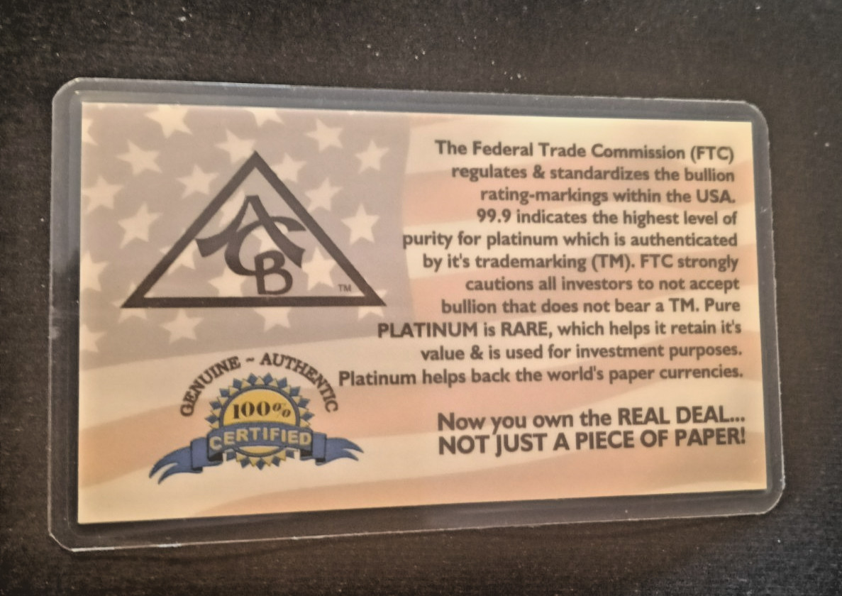 0.067 GRAMS PURE PLATINUM BAR WITH C.O.A. DIRECT FROM USA MINT