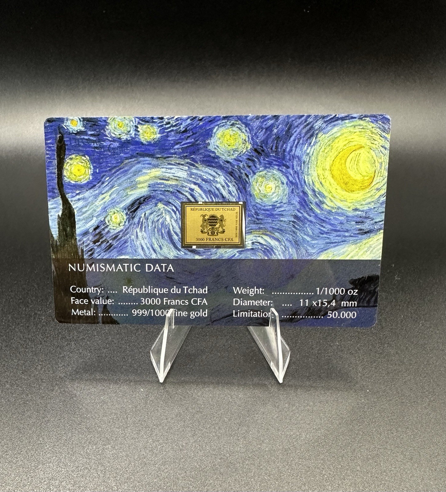 Starry Night Vincent Van Gogh 1/1000 Oz 999 Gold Coin Bar 3000 Francs Chad