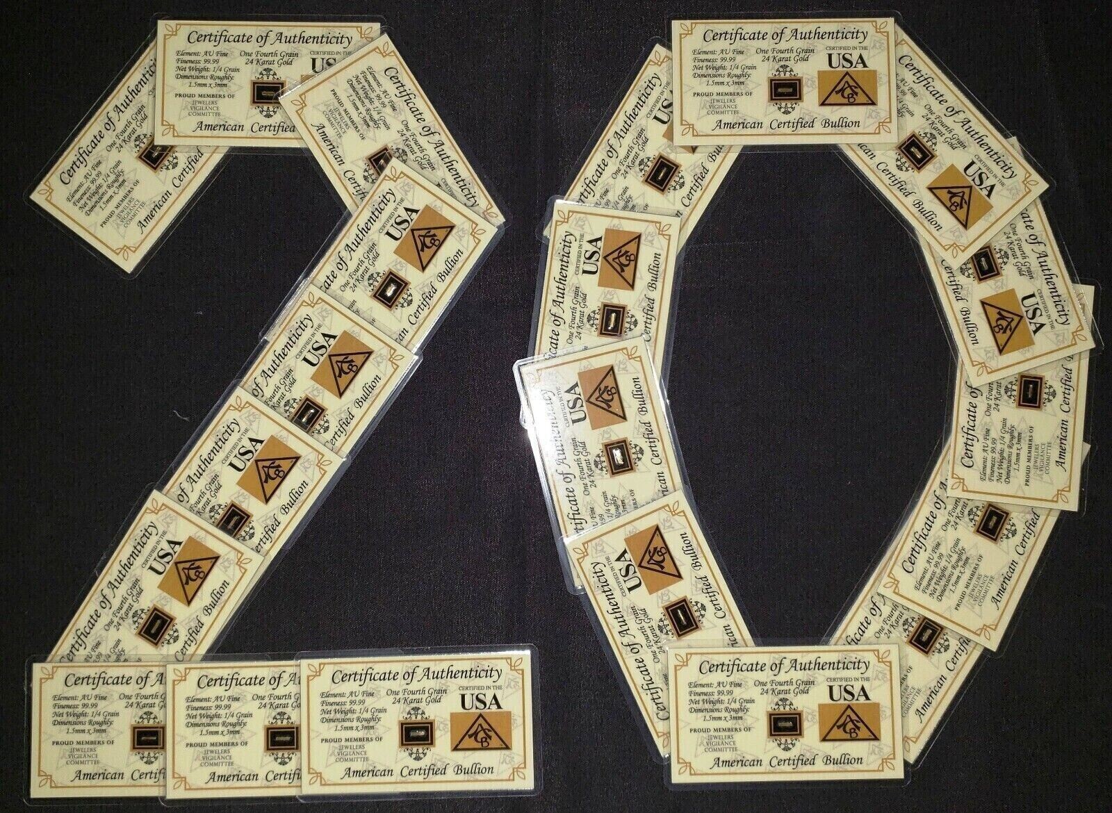 GOLD x20 ACB 1/4GRAIN 24K SOLID BULLION MINT BAR 9999 FINE CERT/AUTHENTICITY@