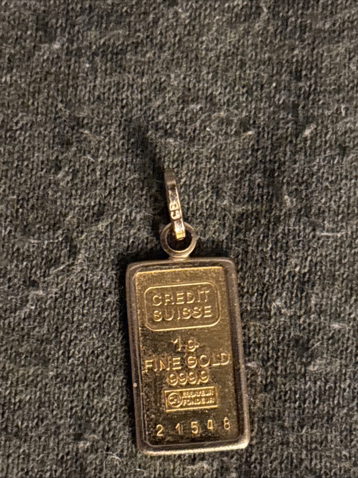Credit Suisse 1 Gram 24K Gold 999.9 Gold Bar Pendant W 18K Bezel 1.3 Grams
