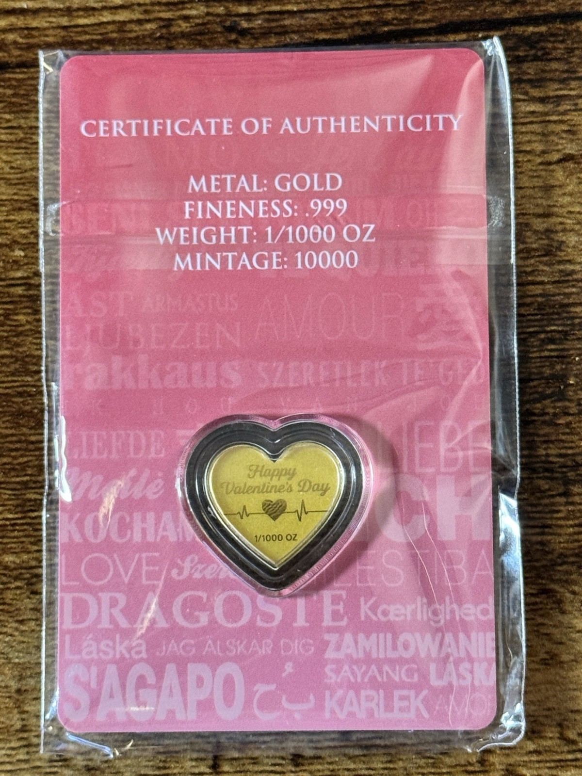 Happy Valentine’s Day 1/1000 oz Heart Shaped Gold in Card (5,000 Mintage)