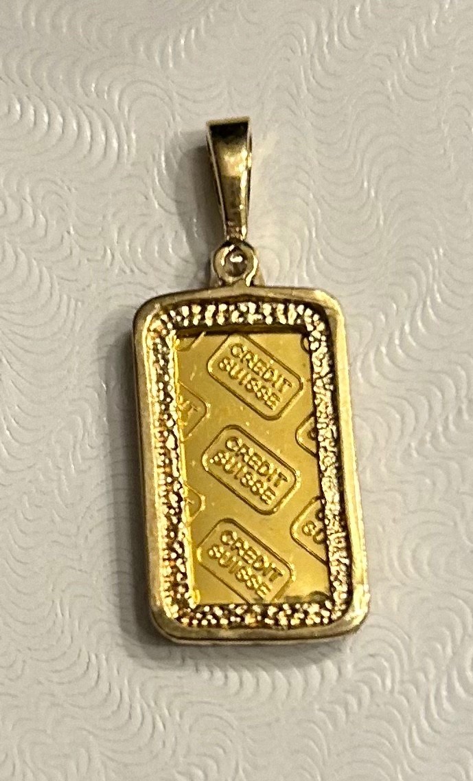 Credit Suisse 1 gram Gold Bar .999 ~ in 14 kt Gold Frame with Diamond ~2.6 grams
