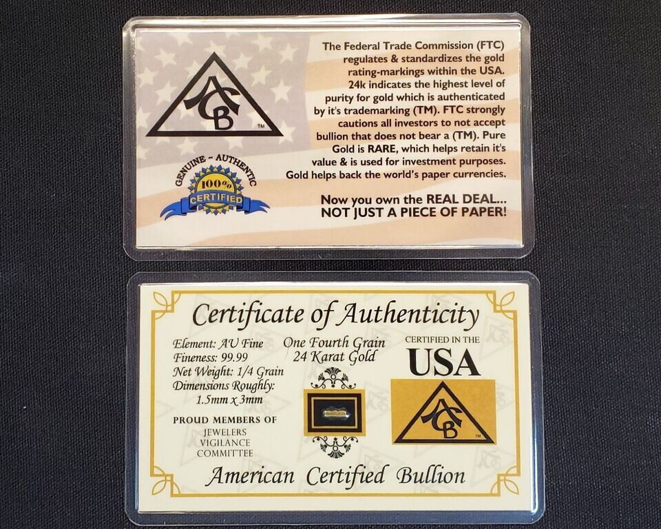 GOLD x5 ACB 1/4GRAIN 24K SOLID BULLION MINTED BAR 9999 FINE CERT/AUTHENTICITY#