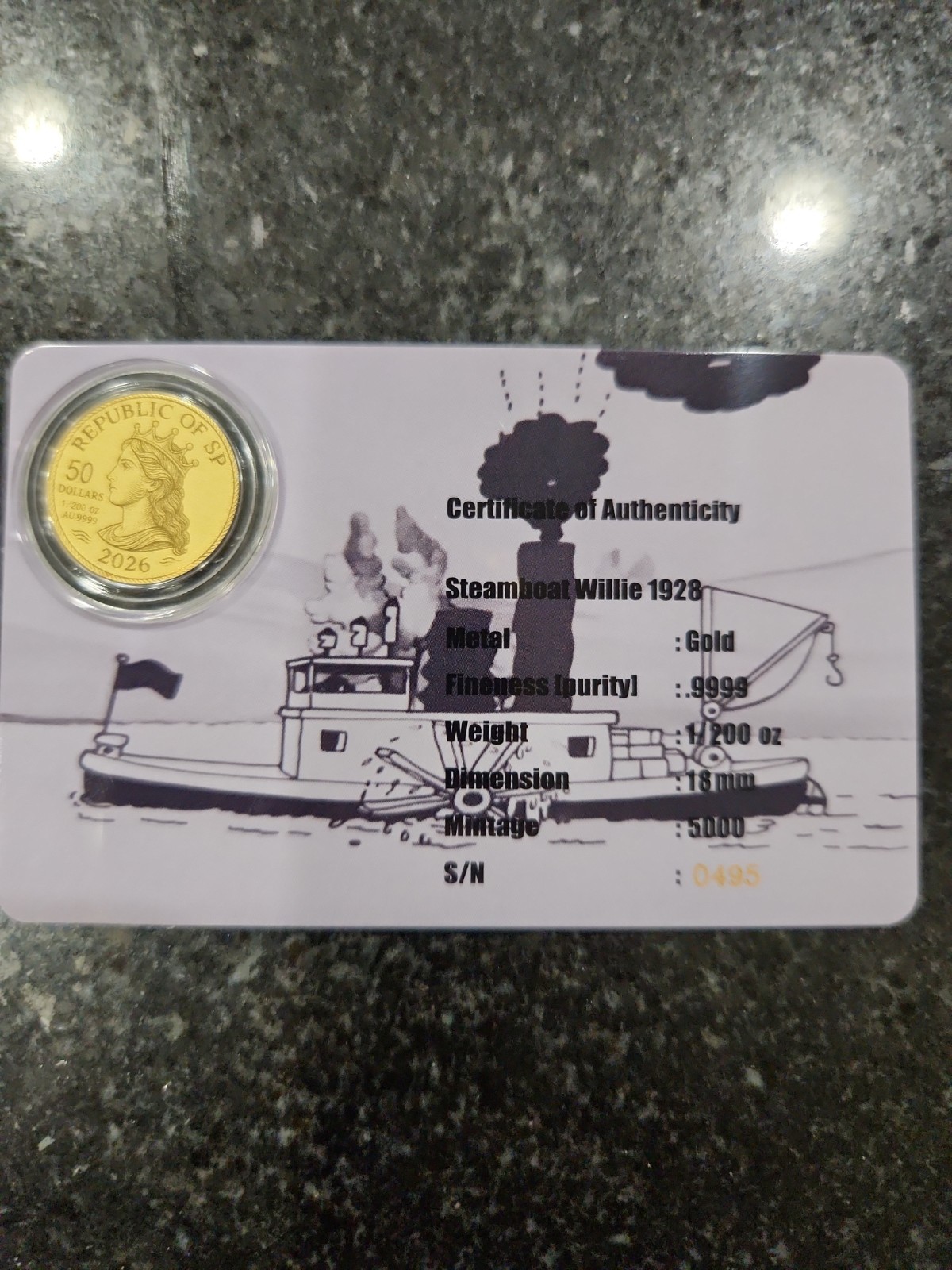 1/200 Oz .9999 Gold Mickey Mouse Steamboat Willie limited mintage