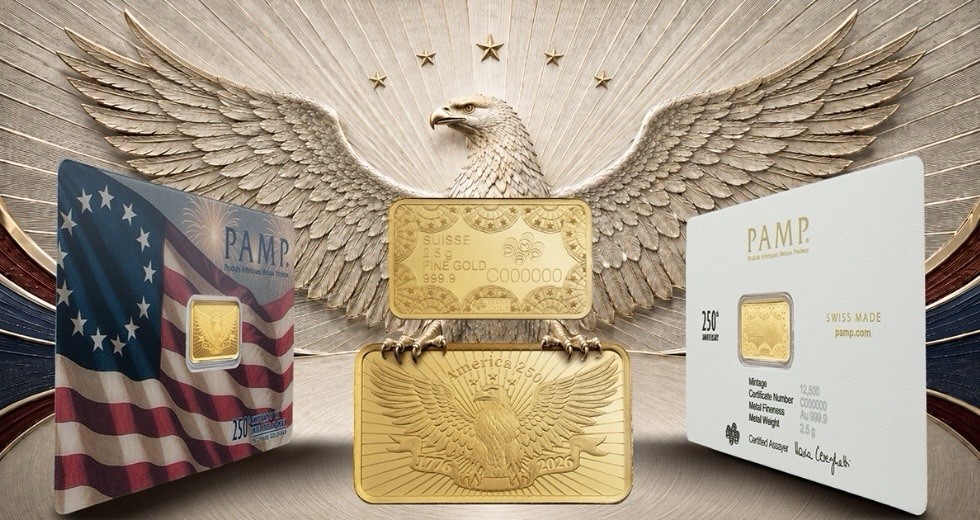 1776-2026 PAMP Suisse 2.5g .9999 Fine Gold Bar USA Flag 250th Anniv Assay Card