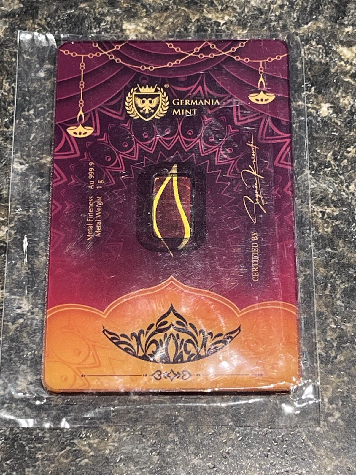 1 Gram Gold Bar Germania Mint Diwali 999.9 In Assay Card
