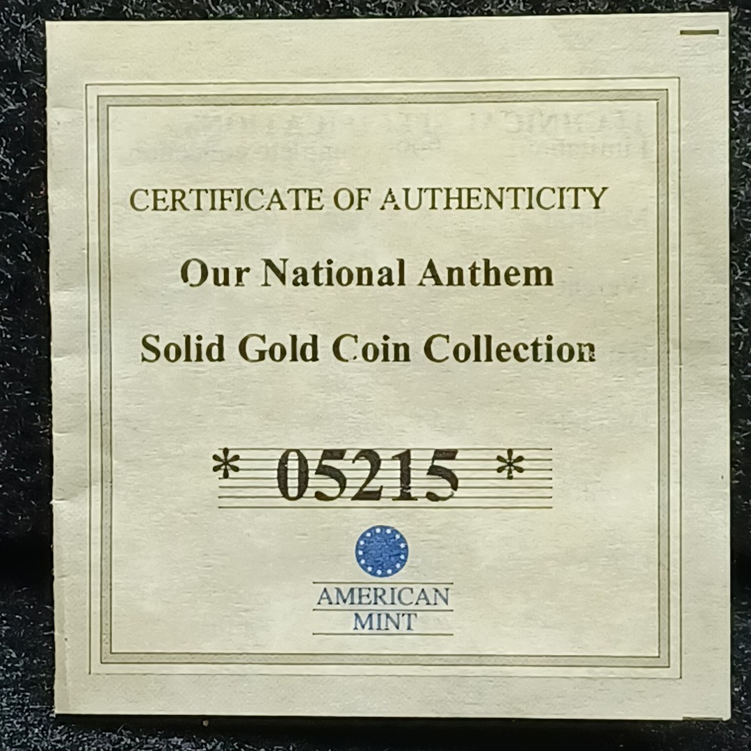 American Mint 0.5 Gram 14K Gold Proof Round Our National Anthem Solid Gold Coll.