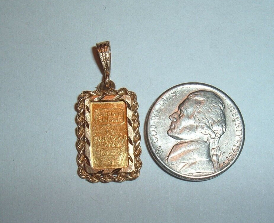 24K GOLD Credit Suisse 999.9 FINE INGOT BAR 14K ROPE BEZEL PENDANT CHAIN 2.73g