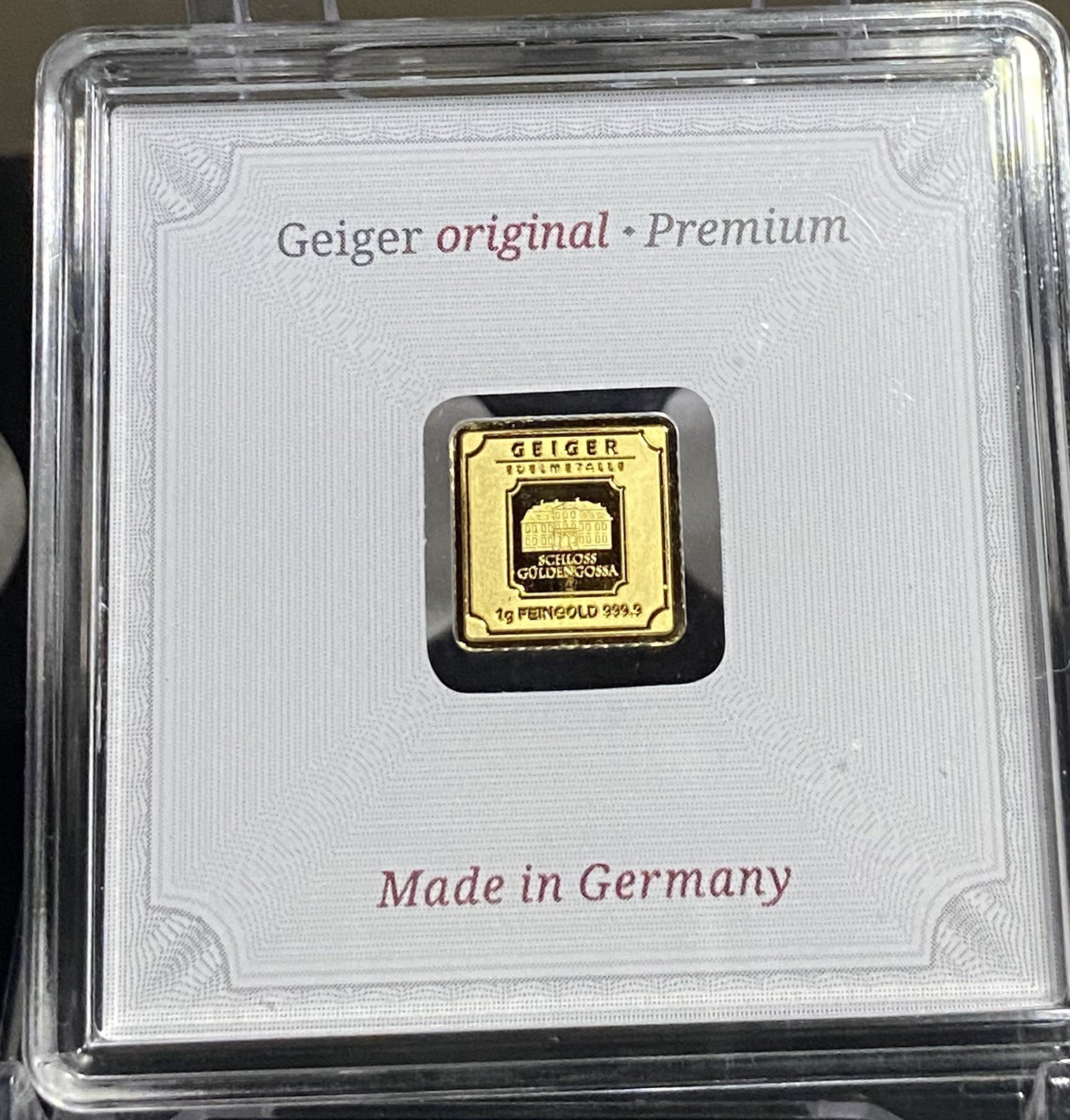 Gold Geiger 999.9 Bullion 1 Gram Pure, Certified in Assay