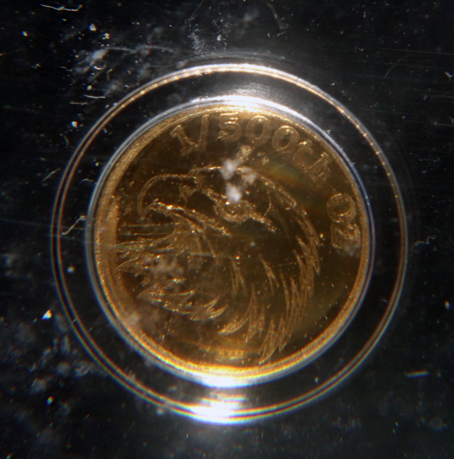 ND Eagle Head Round 1/500 oz .9999 Gold ICG MS70 Lot 160842