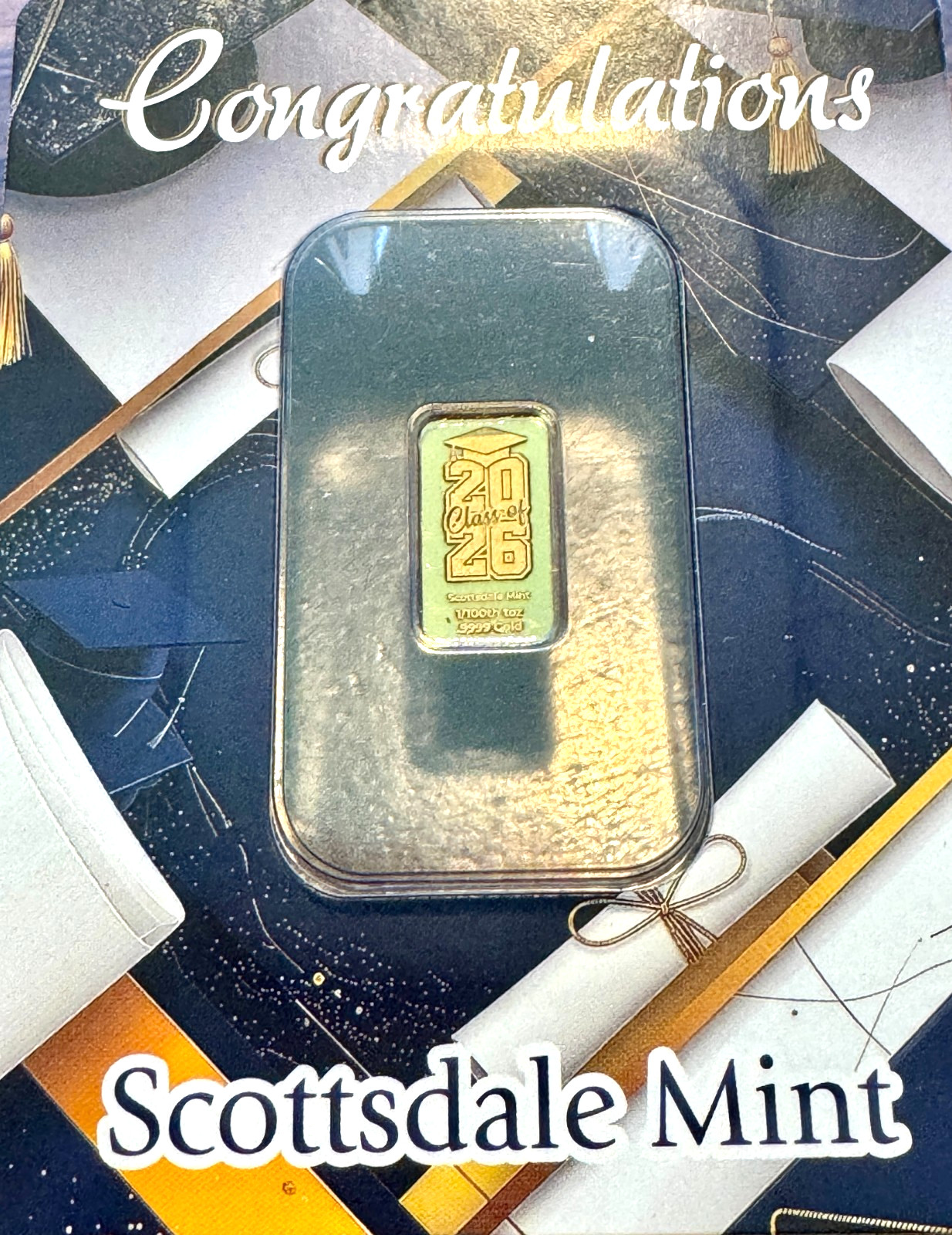 Scottsdale Mint Congrats 2026 Graduation 1/100 oz .9999 Gold Bar Certi-Lock Card