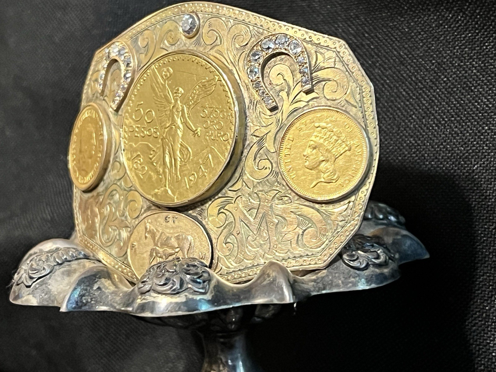 Ornate Gold Coin and Diamond Belt Buckle