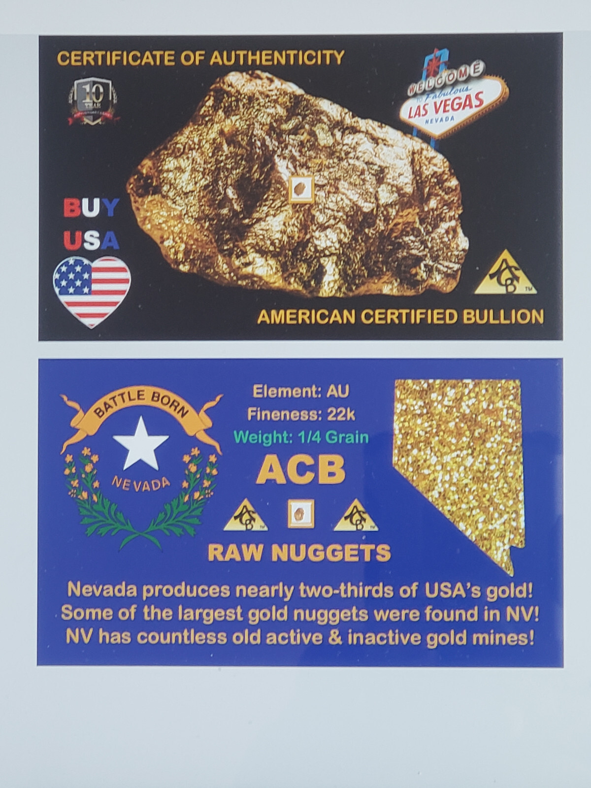 Gold 1/4GRAIN x10 RAW NEVADA NUGGET(S) Placer gold CERT 0F AUTHENTICITY ACB$