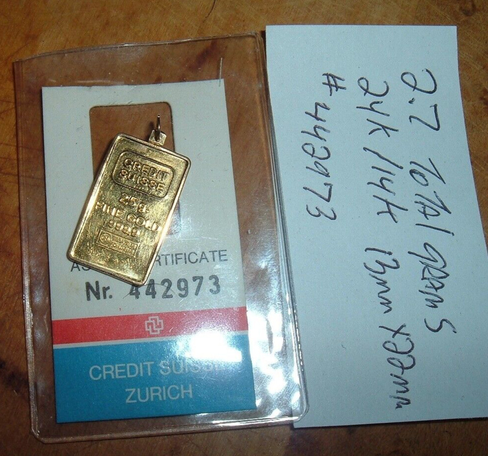 24K GOLD Credit Suisse 999.9 FINE 2.5 INGOT BAR 585 14K PENDANT BEZEL CHAIN 2.7g