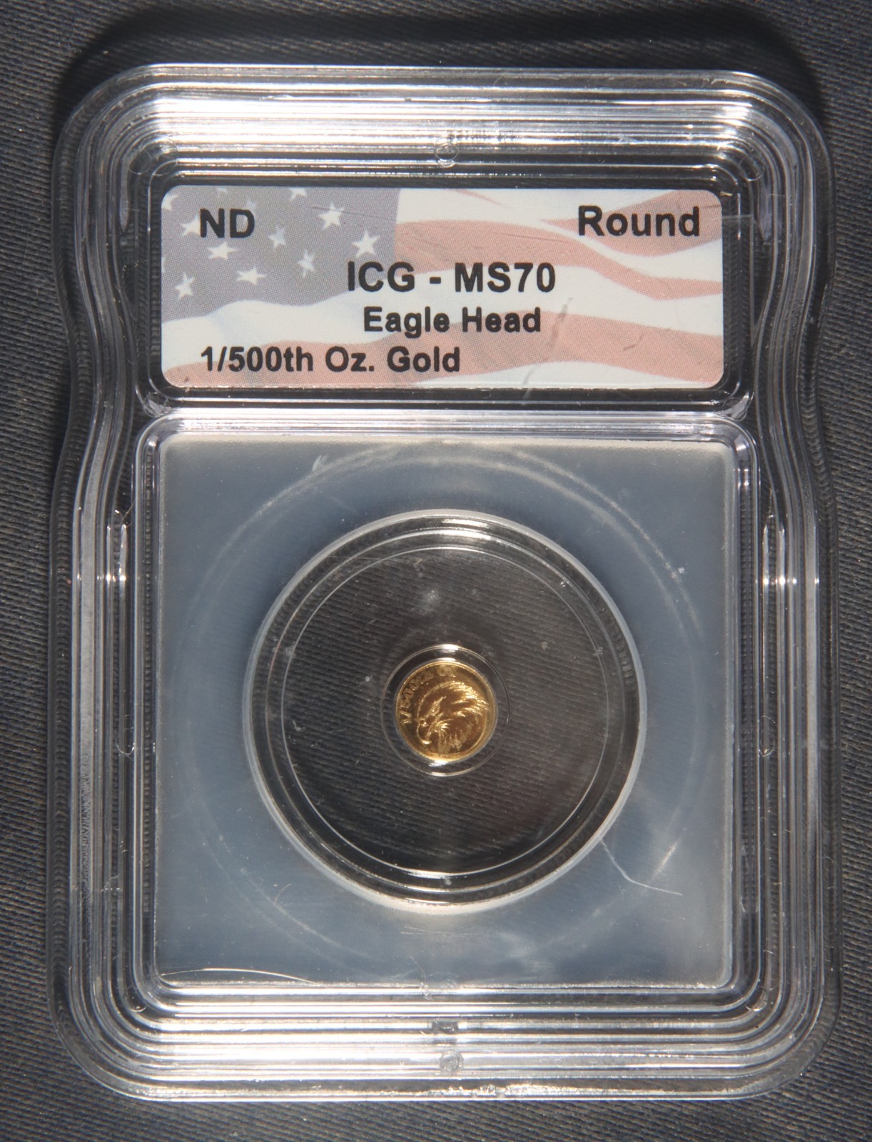 ND Eagle Head Round 1/500 oz .9999 Gold ICG MS70 Lot 151005