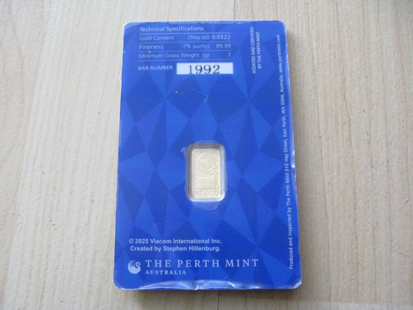 Collectible Sponge Bob Square Pants 1 gram Gold Bar Perth Mint 99.99 Fine Gold