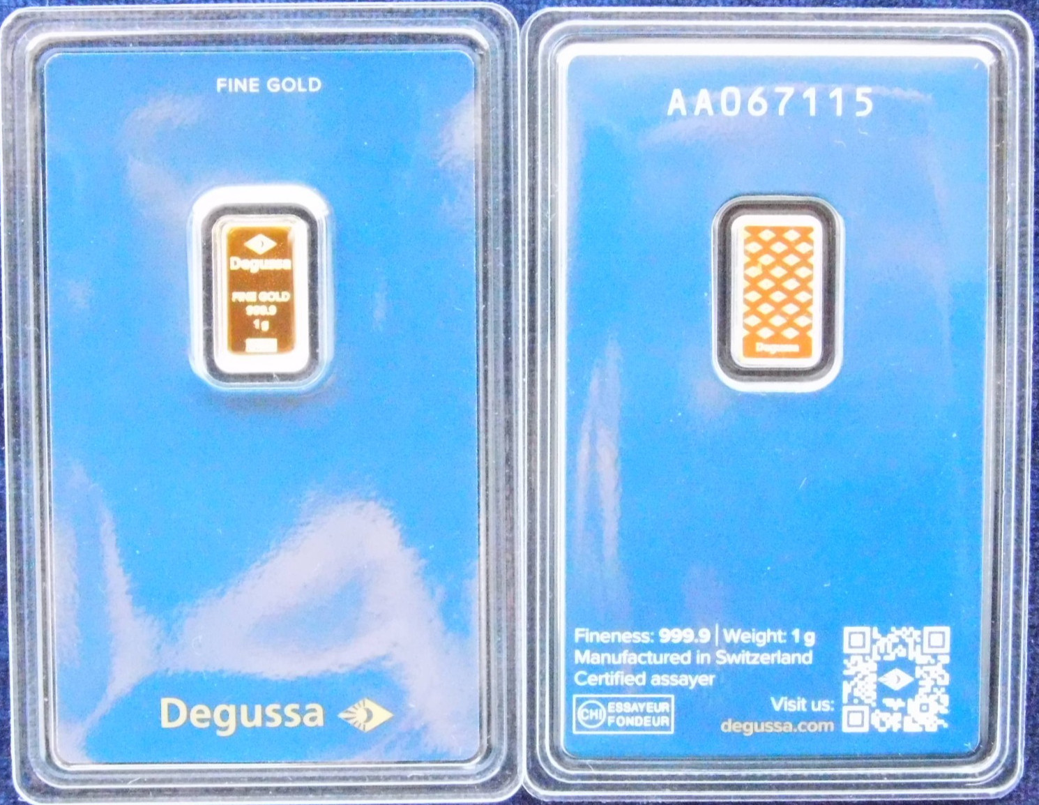 Gold Bar 1 Gram Degussa 999.9 Fine Original Blister Card Certificate 1g Gold