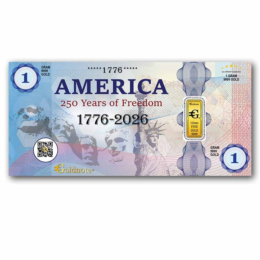 Goldnote® 1 Gram .9999 Gold Bar Note 250 Years of Freedom