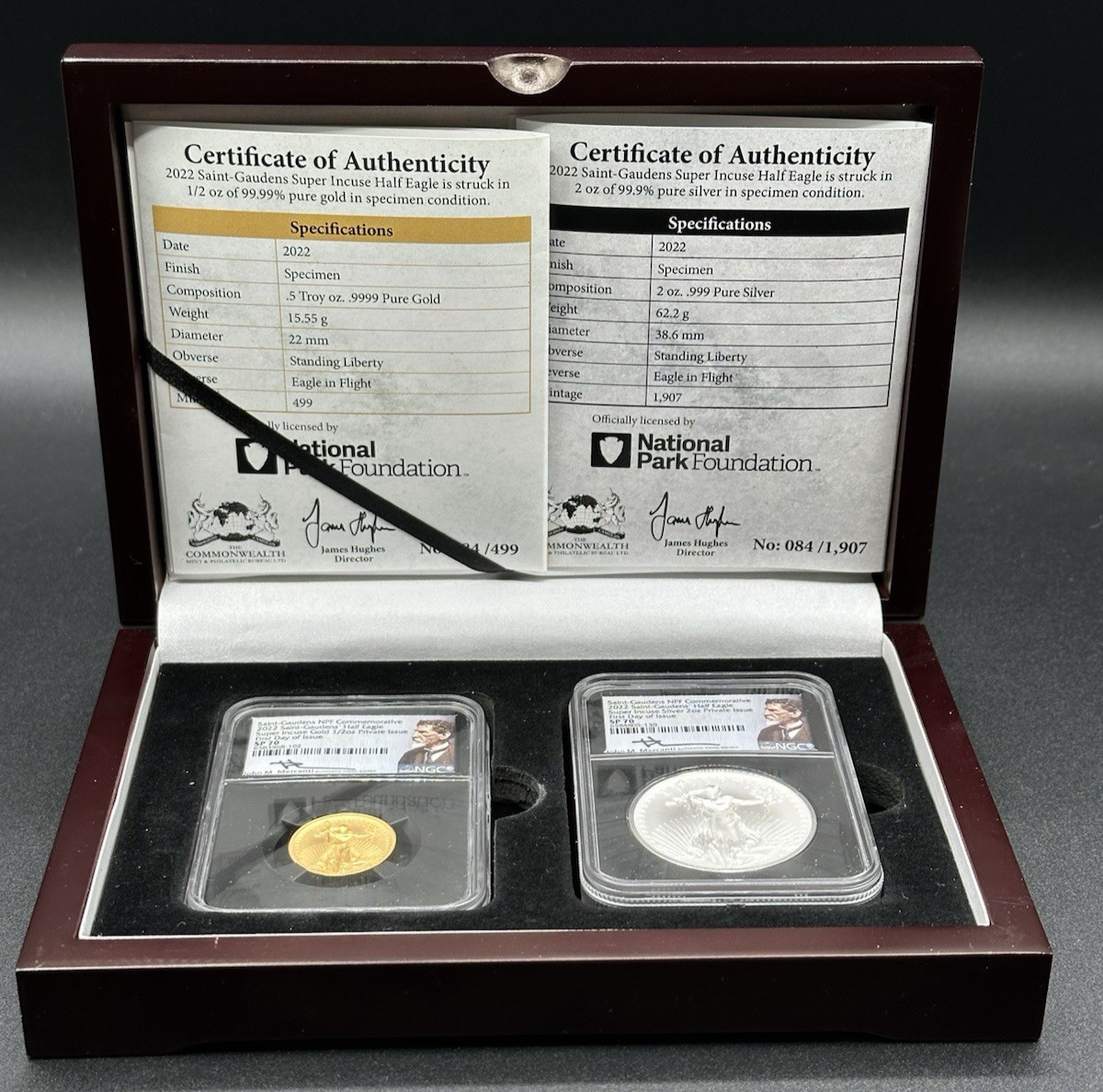 2022 Saint Gaudens Commem Super Incuse SP70 1/2 ozGold and 2oz Silver 2-Coin Set
