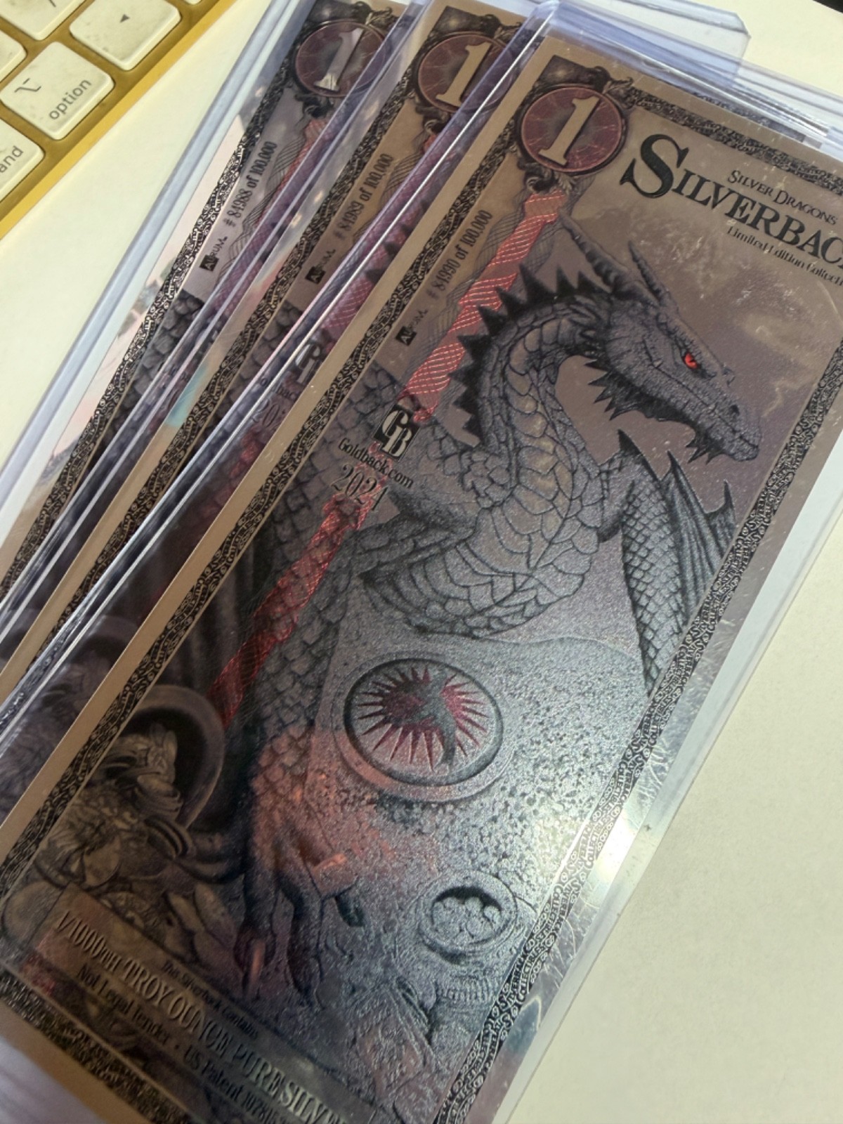 3 X Silverback Dragons, .999 PURE Silver 1/1000 Troy oz., Red Notes 2023