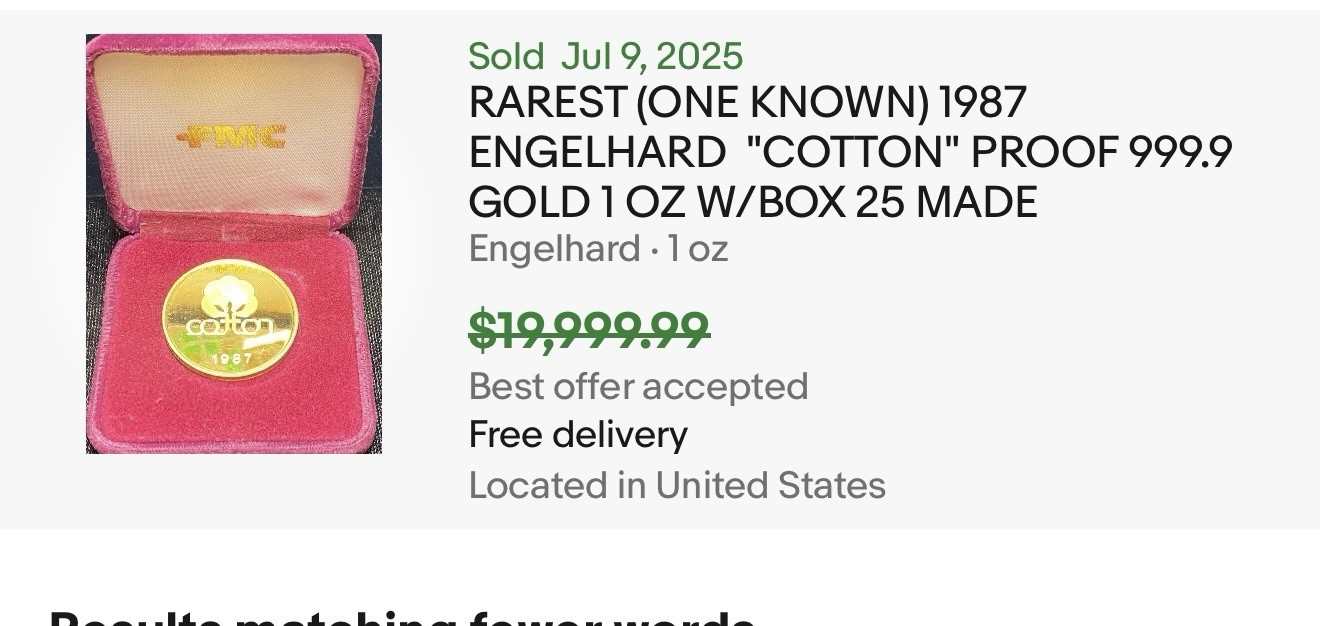VINTAGE 1987 ENGELHARD “COTTON” PROOF 999.9 GOLD 1 OZ W/BOX 25 MADE Very Rare