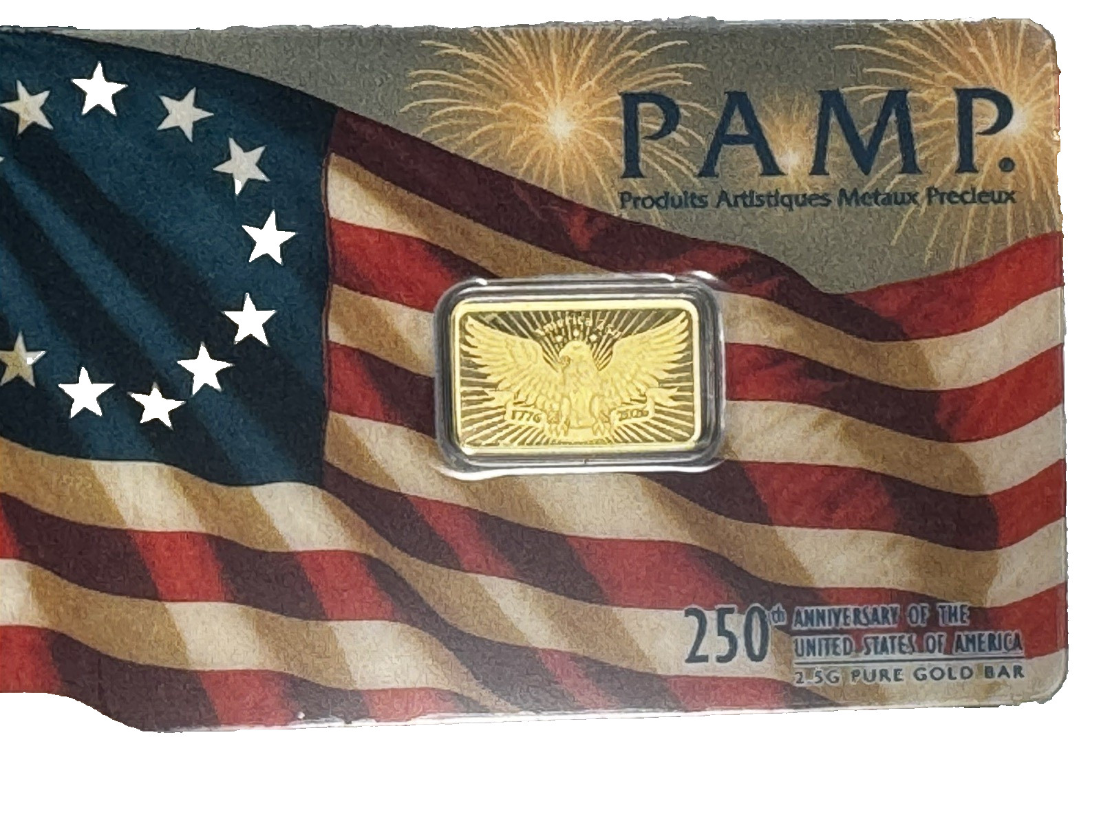 PAMP 2.5g Gold Bar America the Free 250th Anniversary USA Card