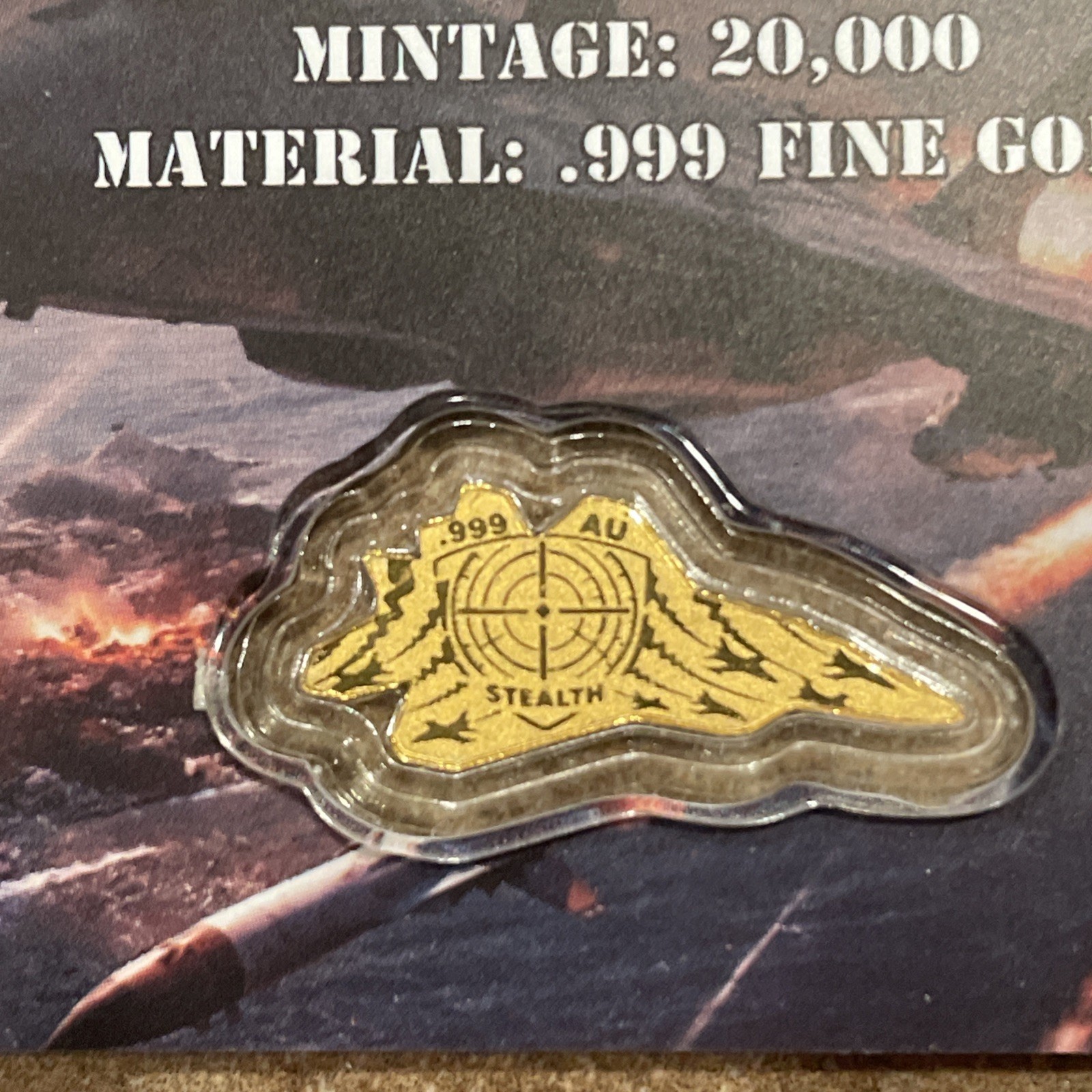 CERTIFICATE OF AUTHENTICITY 1/1000 Oz Gold US Fighter Jet Art Bar .999 Fine