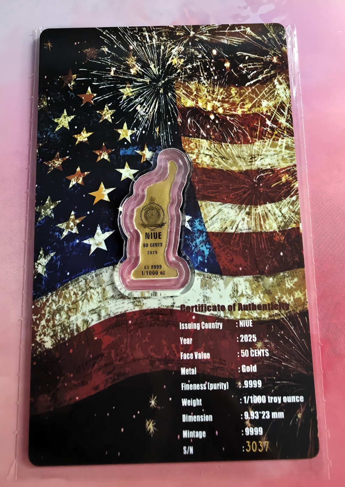 2025 Niue 1/1000 oz .999 Gold Statue of Liberty Coin Card – 4th of July USA