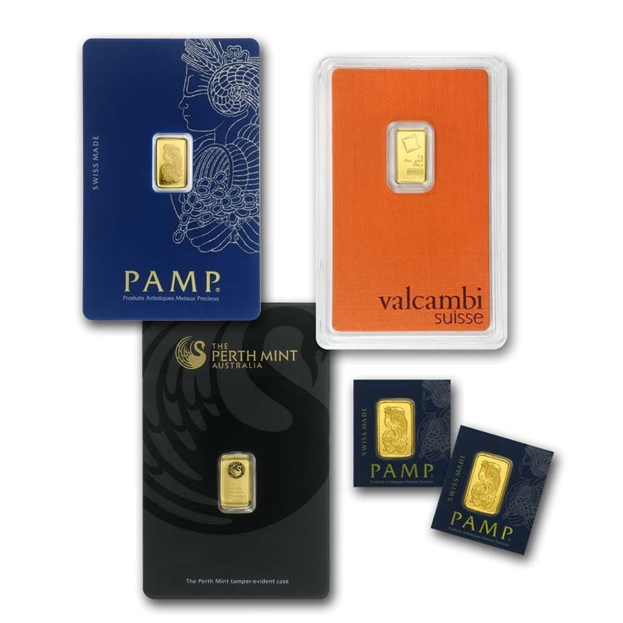 1 gram Gold Bar (Carded Brand Varies) – PAMP, Valcambi, IGR, Royal Mint, Perth