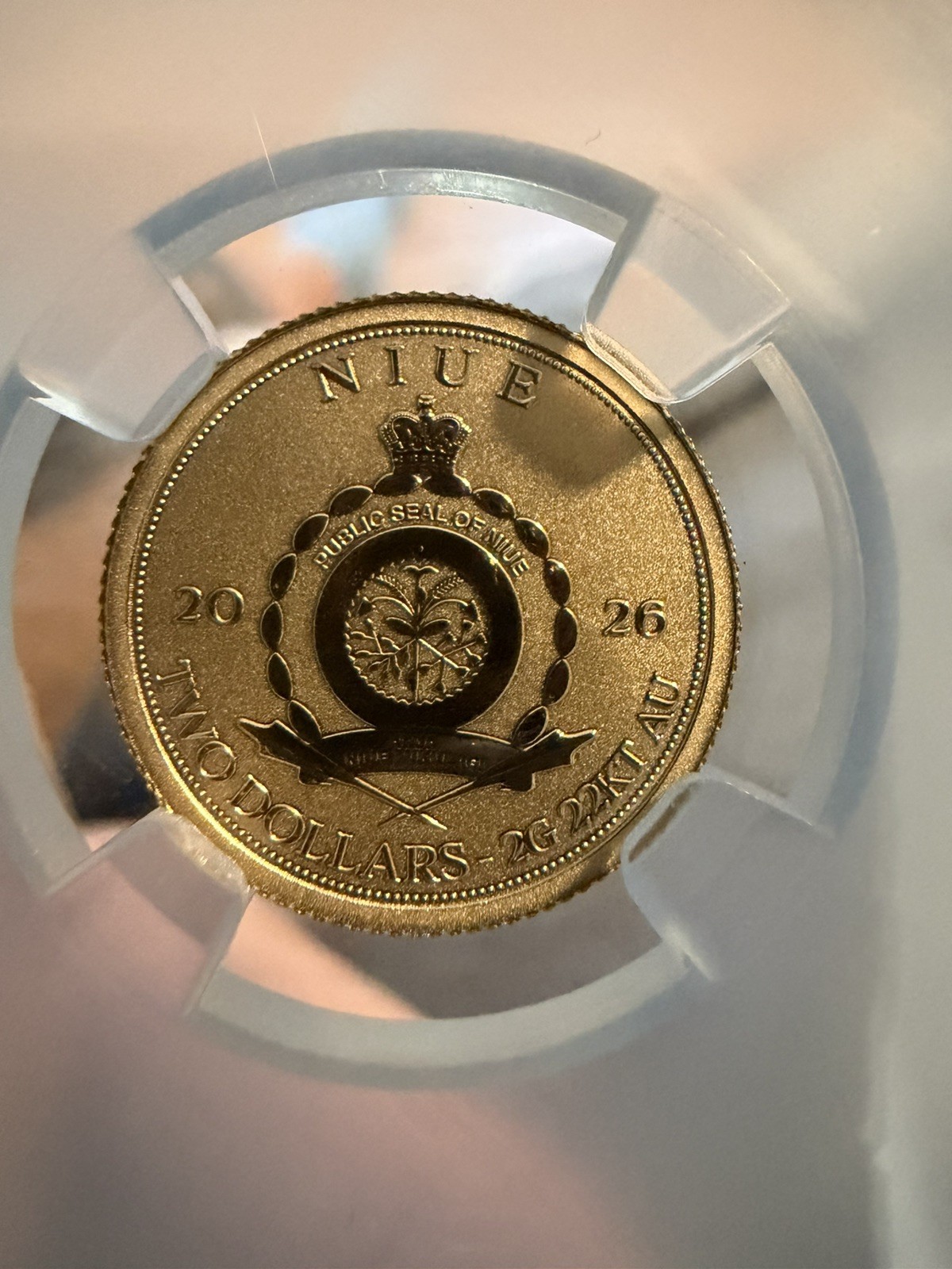 2026 Niue G$2 Gold Tyrannosaurus Rex Holding Sword 2 Gram Gold REVERSE PF 70