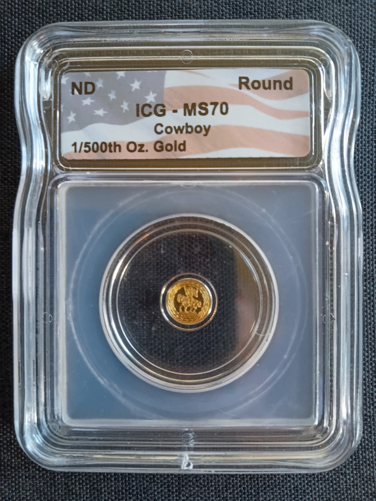 ICG MS70 Cowboy Gold Round 1/500th oz Gold Precious Metal Content Limited To 5k