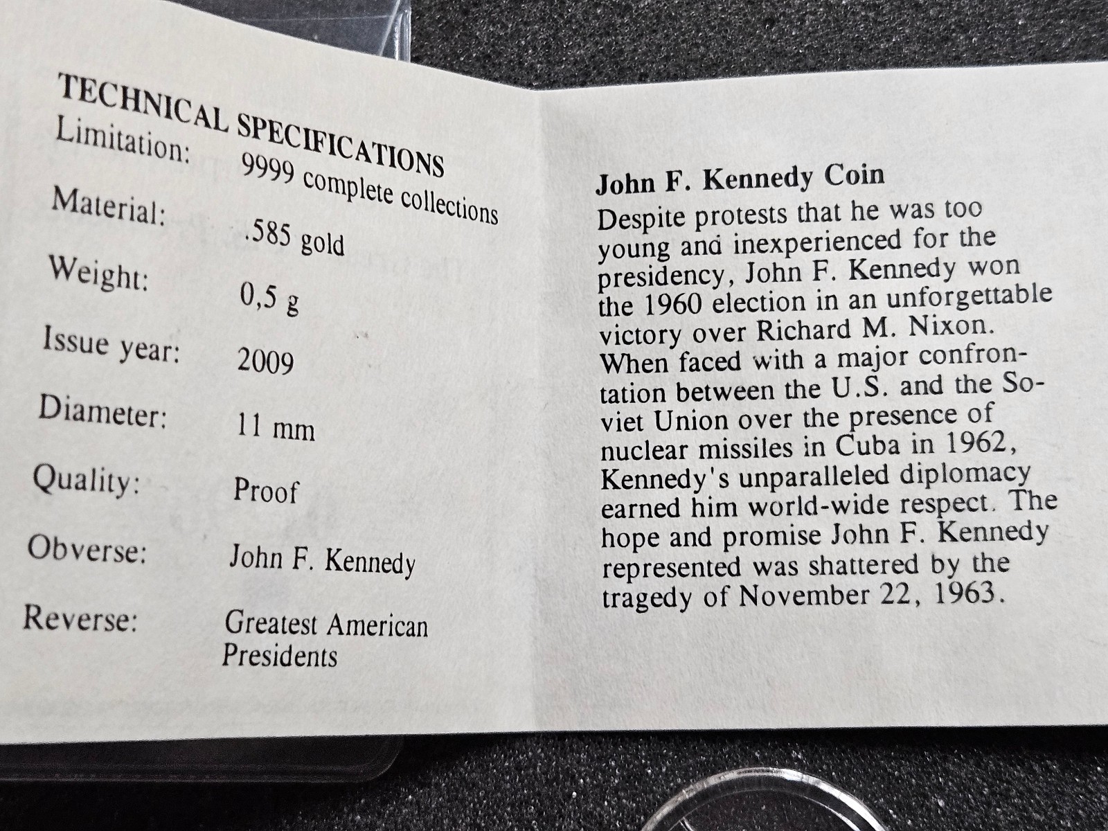 🌟2009 AMERICAN MINT 1/2 g 14k Gold 0.585 Round JOHN F. KENNEDY JFK PRESIDENTS