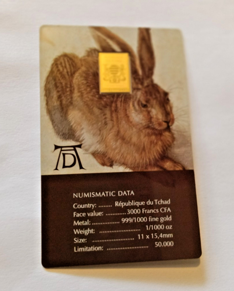 YOUNG HARE BY ALBRECHT DUER 1/1000th OZ GOLD COIN BAR DIRECT FROM PRIMUS MINT