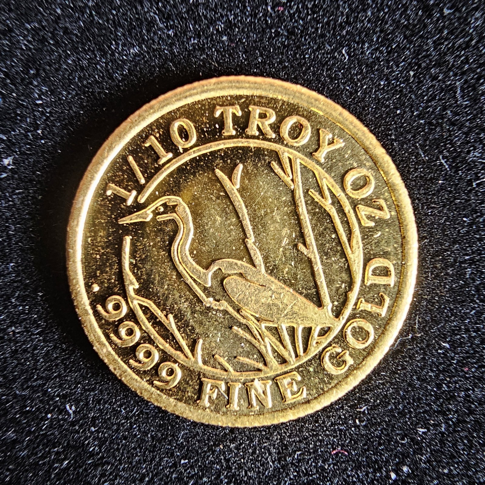 1/10 oz Gold Round Monarch Precious Metals .9999 Sandhill Crane