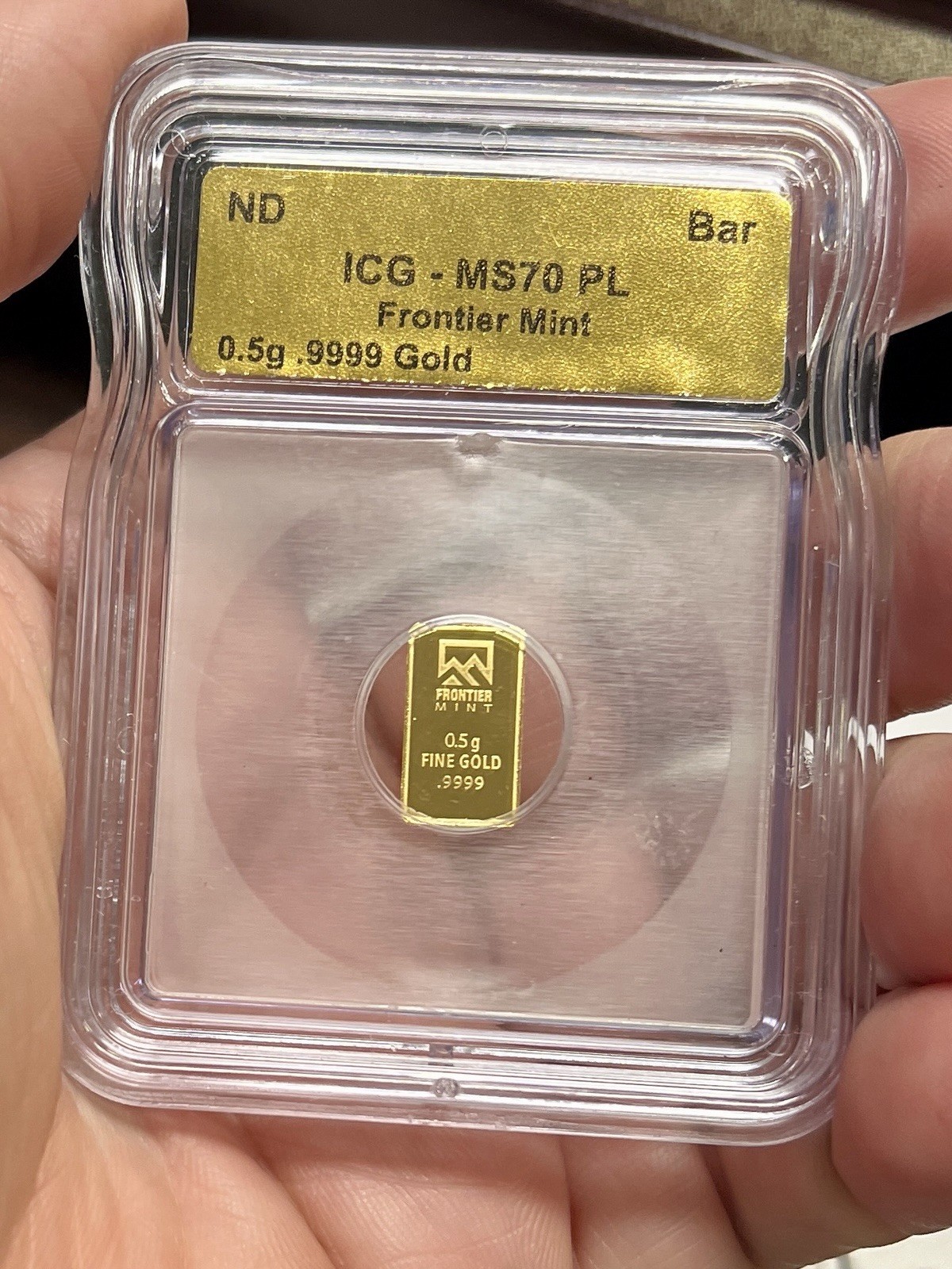 ICG MS70 PL 0.5g Bar Frontier Mint .9999 Fine 1/2 Gram Gold Slabbed