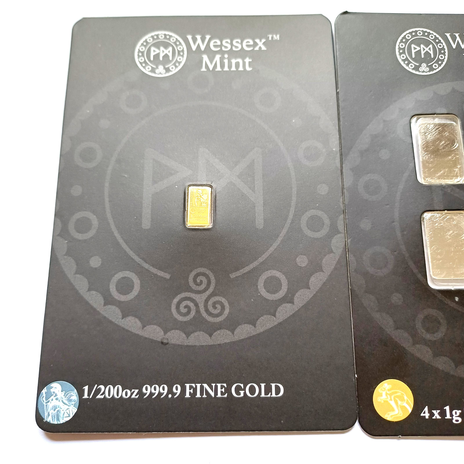 New Wessex Mint 1/200th oz Britannia Gold .999 Bar & Kangaroo x 4 1g Silver Bars