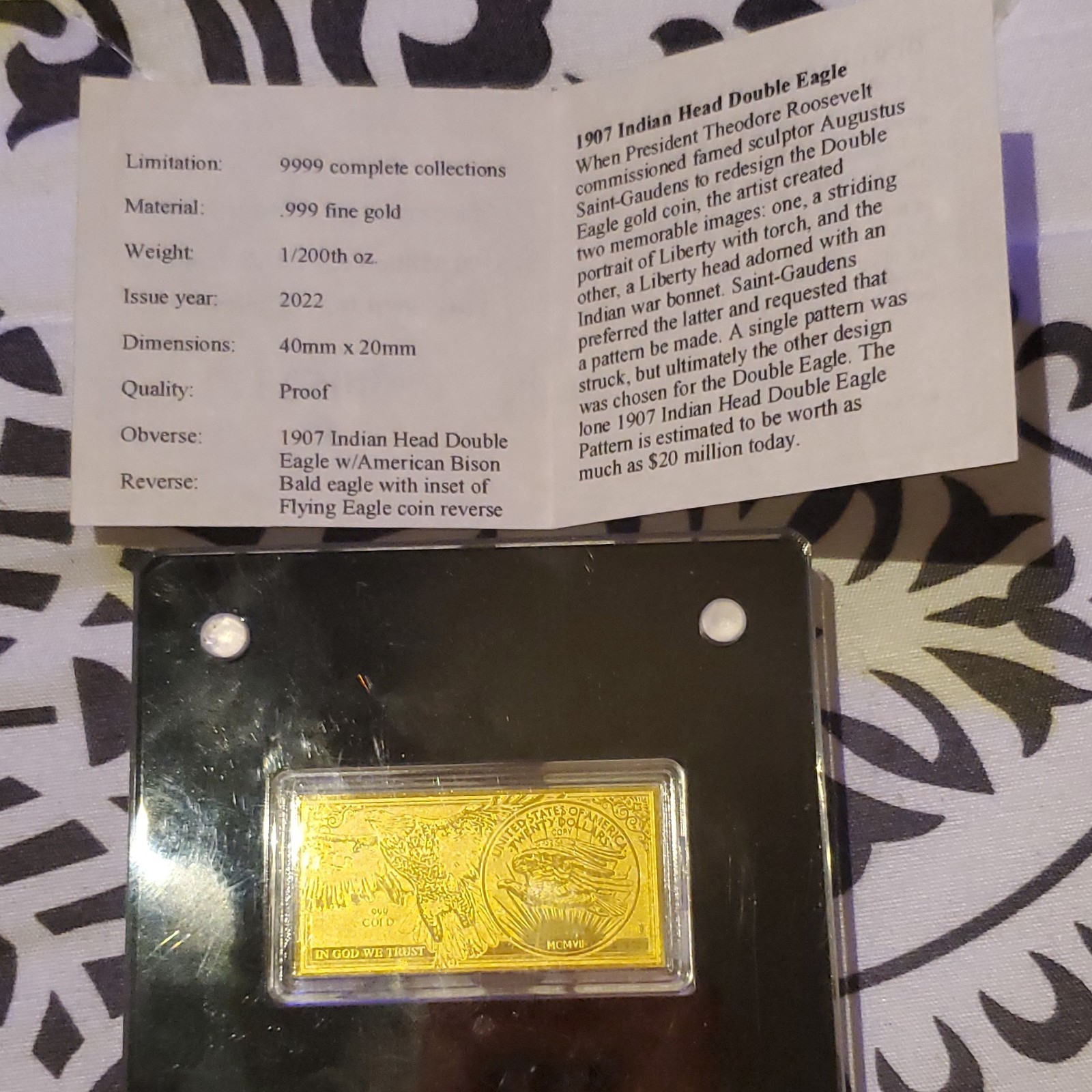 American Mint 2022 Indian Head Double Eagle Gold Bar 1/200th oz .999 Fine