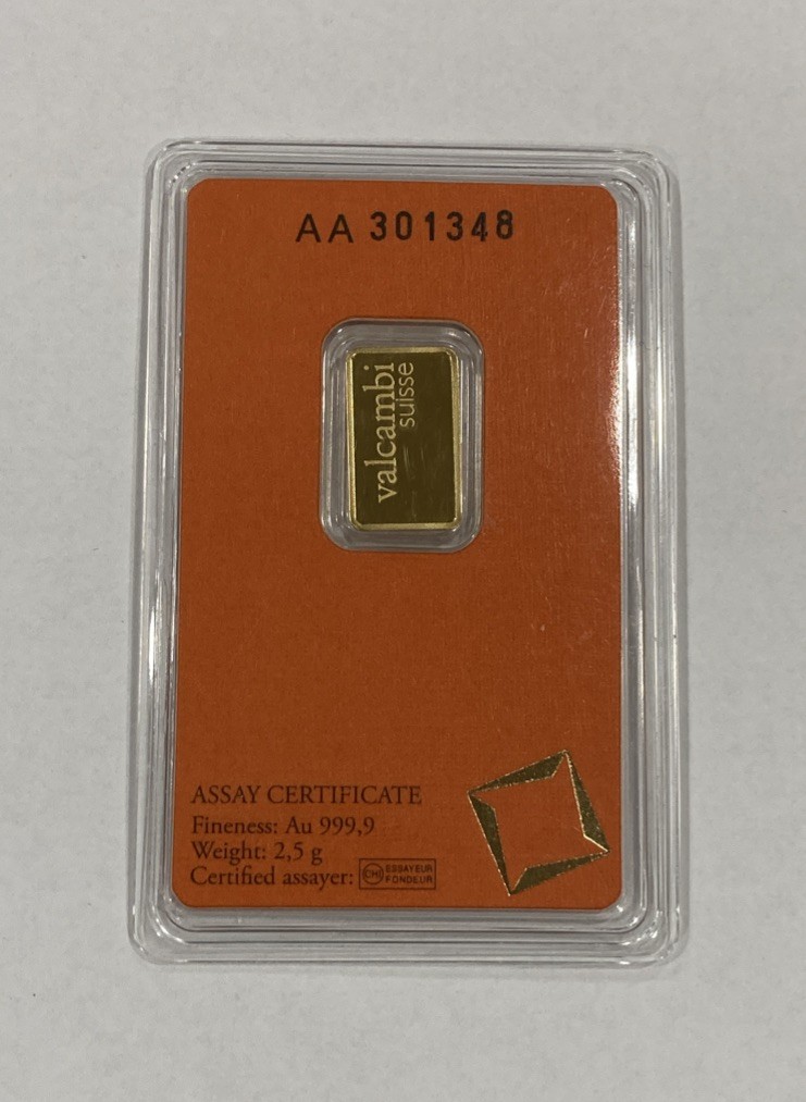 2.5 gram Valcambi Suisse Gold Bar .9999 Fine Sealed in Assay Card