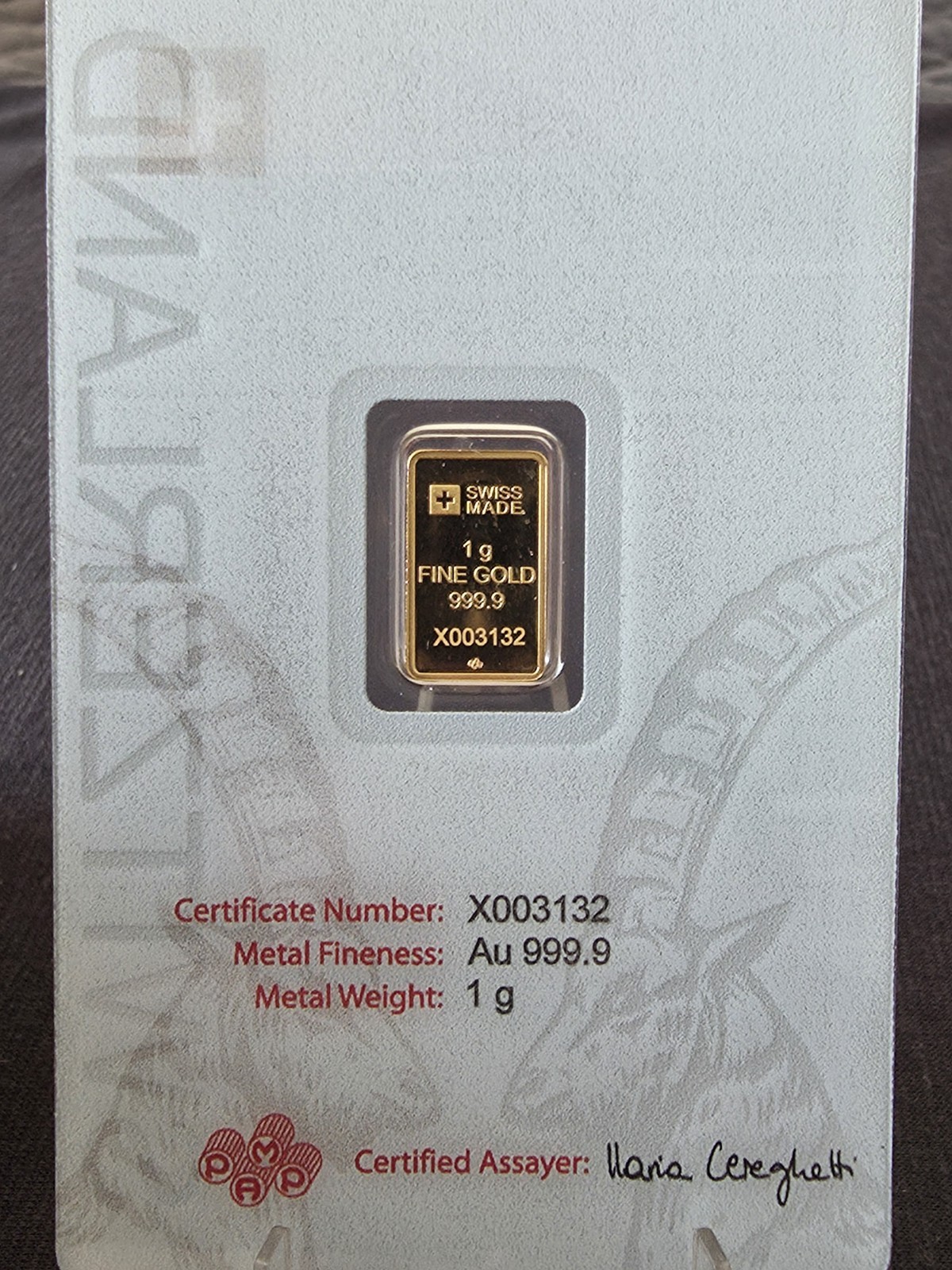 1 Gram Gold Bar Pamp Suisse Capricorn, 5000 Mintage Number 3132, 999.9 Pure Gold