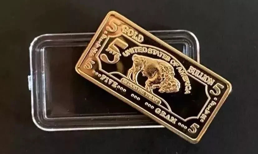 AMERICAN BUFFALO INGOT 5 GRAMS 100 MILLS GOLD PLATED FINE GOLD 999/1000