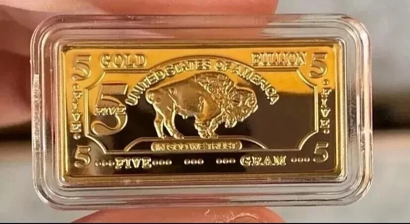 AMERICAN BUFFALO INGOT 5 GRAMS 100 MILLS GOLD PLATED FINE GOLD 999/1000