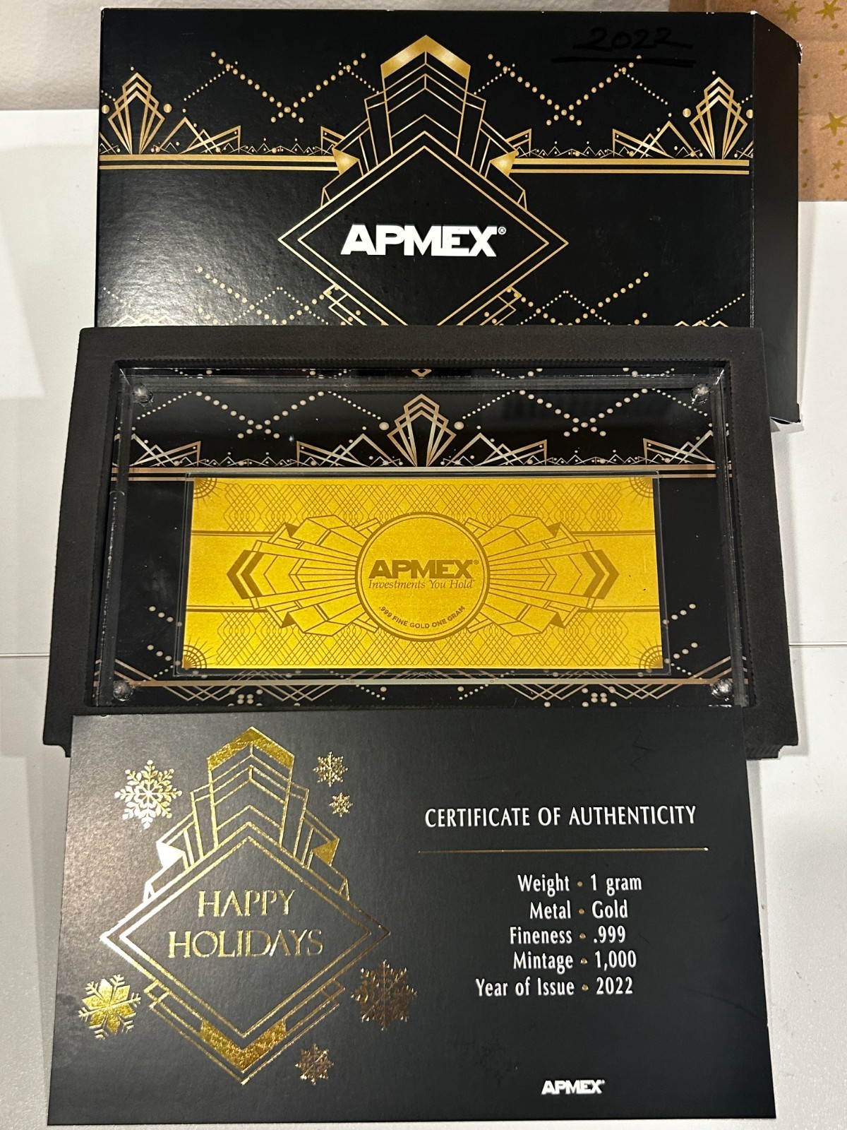 2022 APMEX Limited Edition Happy Holidays 1 gram .999 Fine Gold Foil Note