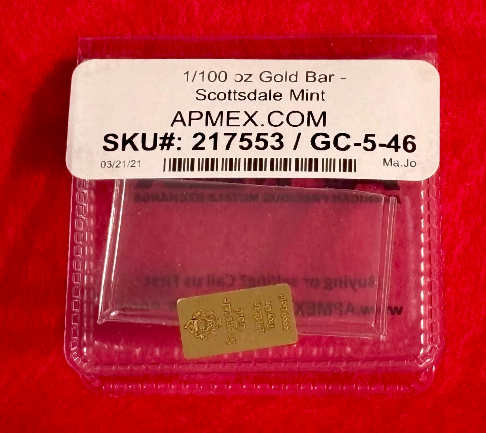 1/100 oz Gold Bar by Scottsdale Mint. Contains .9999 Pure Gold. FREE SHIPPING.