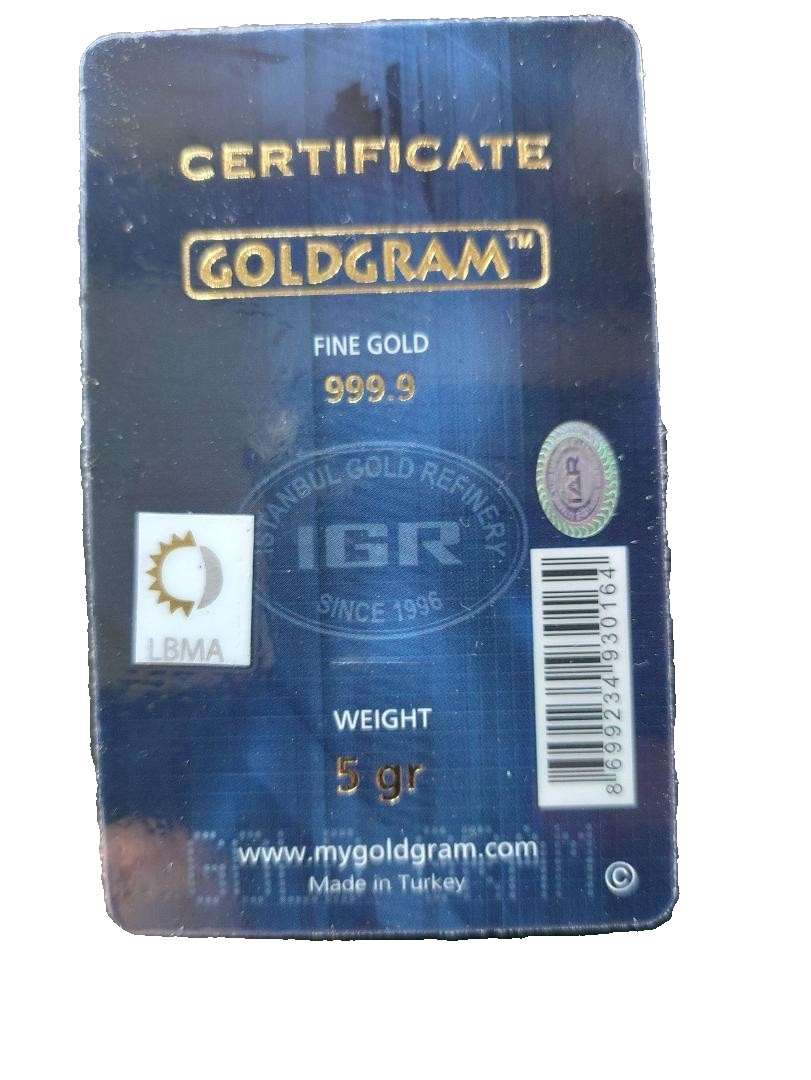 IGR 5 GRAM 999.9 FINE “ISTANBUL GOLD REFINERY” GOLD BAR SEALED ASSAY GOLDGRAM